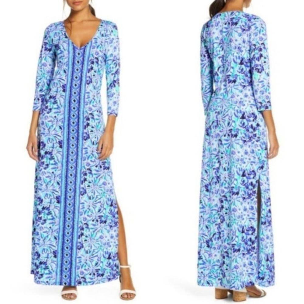 Lilly Pulitzer Anissa Maxi Dress Pima Cotton Jersey Knit Iris Lion Print Blue M